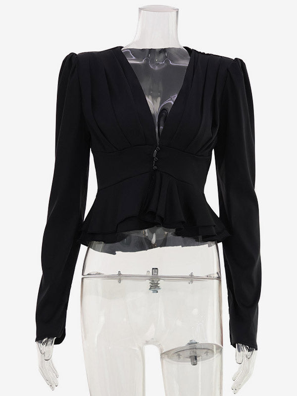 Satin Deep V Puff Shoulder Ruffle Hem Cropped Blouse Long Sleeve Slim Top