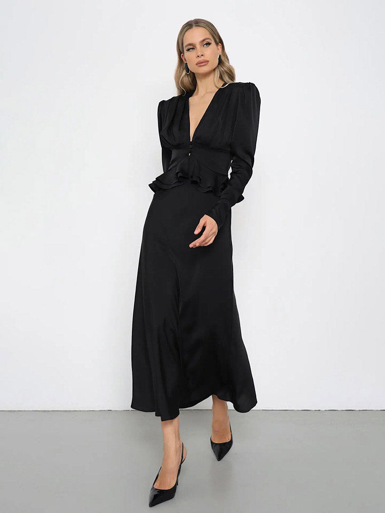 Satin Deep V Puff Shoulder Ruffle Hem Cropped Blouse Long Sleeve Slim Top