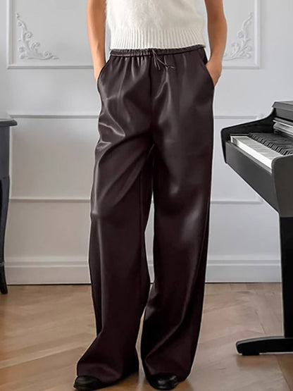 Elastic Waist Drawstring Faux Leather Wide Leg Pants