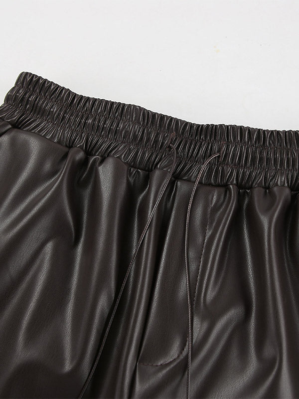 Elastic Waist Drawstring Faux Leather Wide Leg Pants