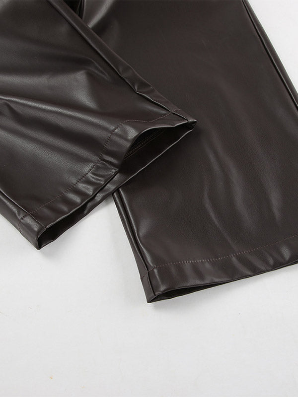 Elastic Waist Drawstring Faux Leather Wide Leg Pants