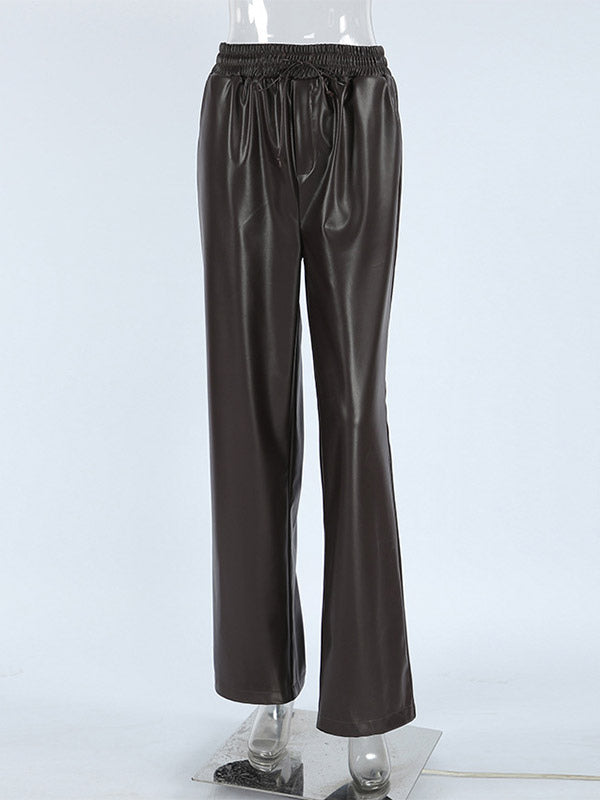 Elastic Waist Drawstring Faux Leather Wide Leg Pants