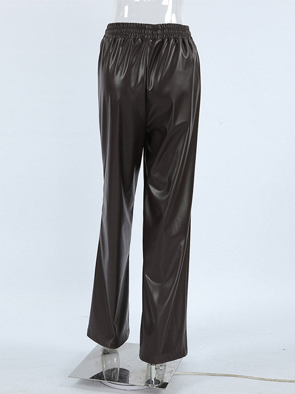 Elastic Waist Drawstring Faux Leather Wide Leg Pants