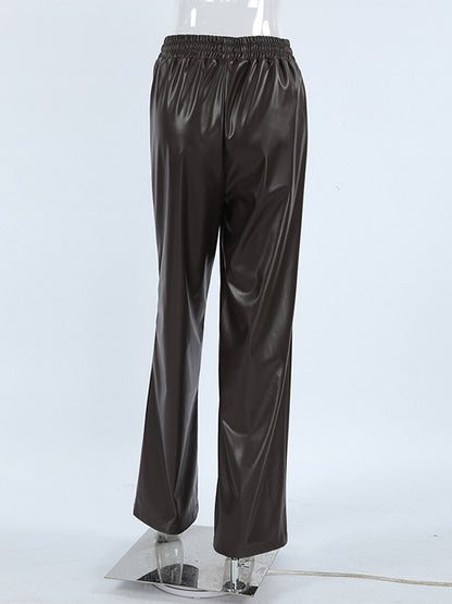 Elastic Waist Drawstring Faux Leather Wide Leg Pants