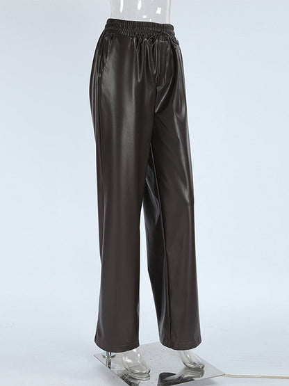 Elastic Waist Drawstring Faux Leather Wide Leg Pants