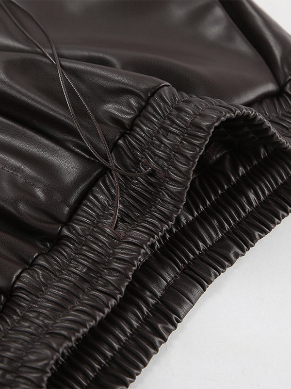 Elastic Waist Drawstring Faux Leather Wide Leg Pants
