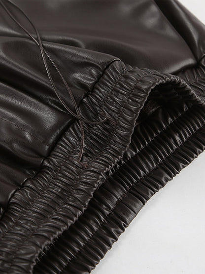Elastic Waist Drawstring Faux Leather Wide Leg Pants