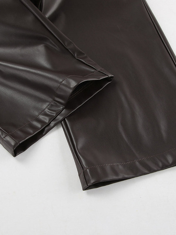 Elastic Waist Drawstring Faux Leather Wide Leg Pants