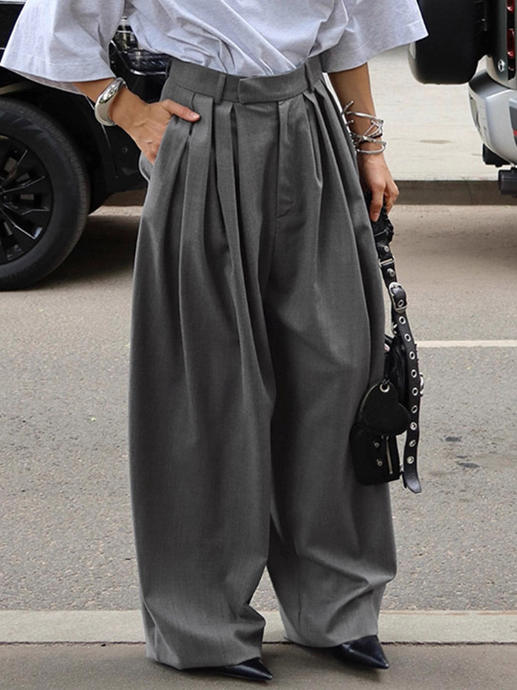 High Waist Pleated Drape Wide Leg Gray Suit Pants
