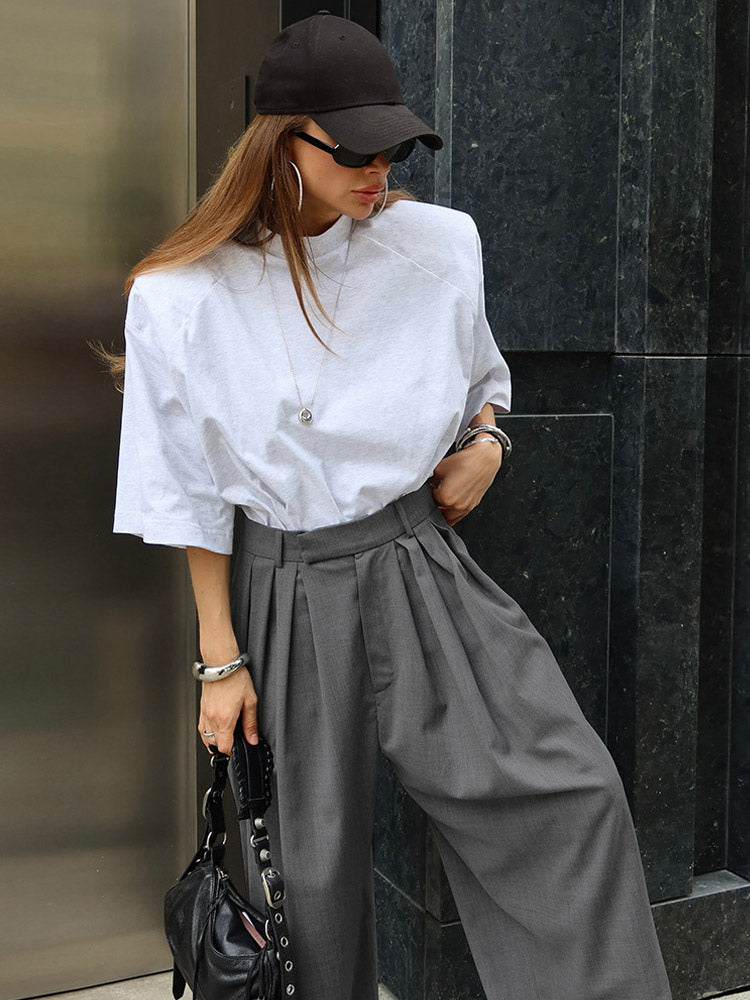 High Waist Pleated Drape Wide Leg Gray Suit Pants