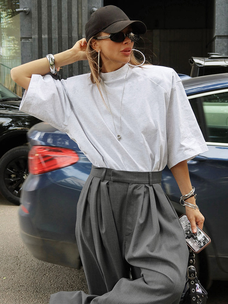 High Waist Pleated Drape Wide Leg Gray Suit Pants
