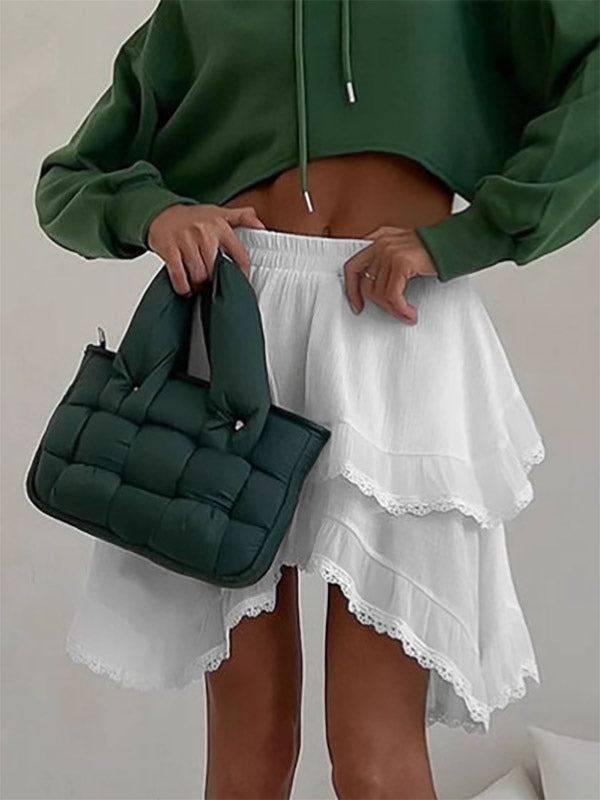Elastic Waist Asymmetrical Lace Trim Tiered Mini Skirt