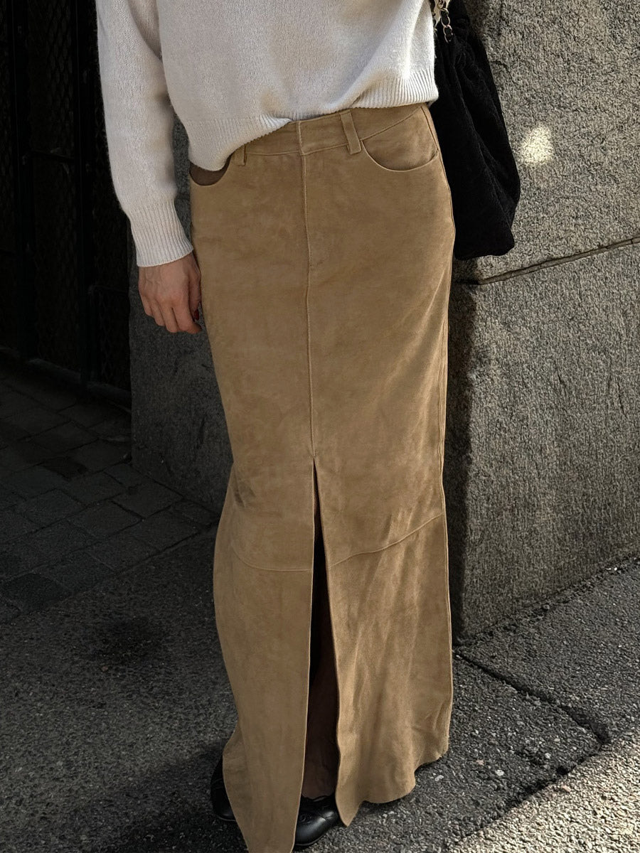 Vintage Khaki Faux Suede Front Slit High Waist Maxi Skirt