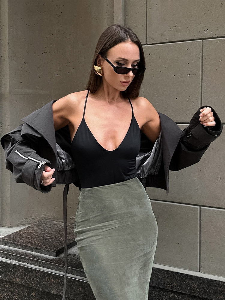 Stretch Faux Suede High Waist Bodycon Mermaid Maxi Skirt