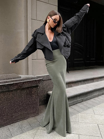 Stretch Faux Suede High Waist Bodycon Mermaid Maxi Skirt