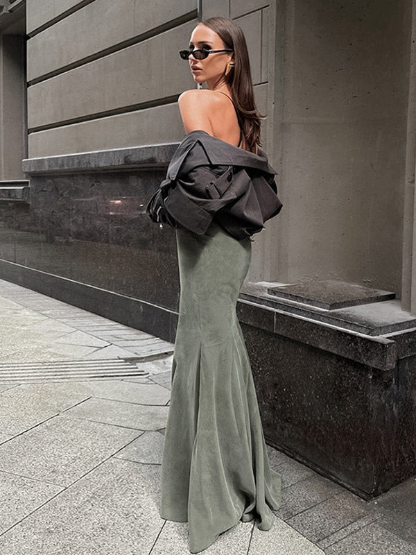Stretch Faux Suede High Waist Bodycon Mermaid Maxi Skirt