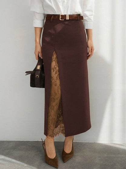 Lace Inner Front Slit High Waist Straight Midi Skirt