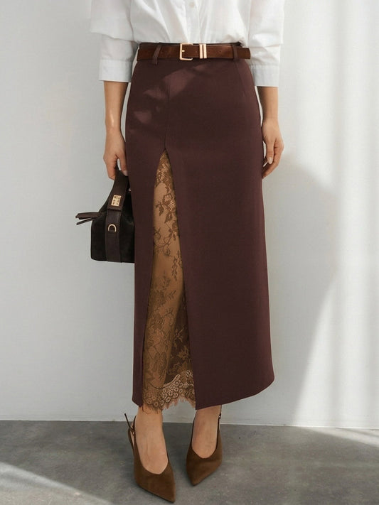Lace Inner Front Slit High Waist Straight Midi Skirt