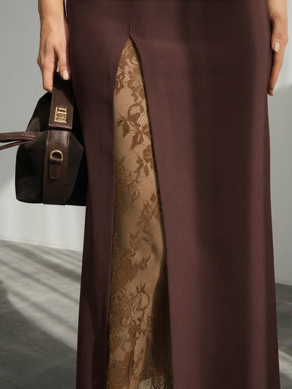 Lace Inner Front Slit High Waist Straight Midi Skirt