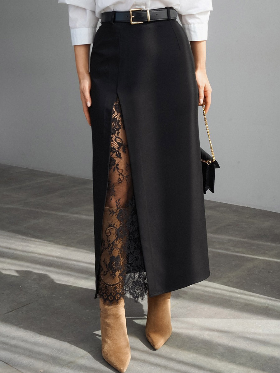 Lace Inner Front Slit High Waist Straight Midi Skirt