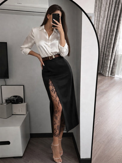 Lace Inner Front Slit High Waist Straight Midi Skirt