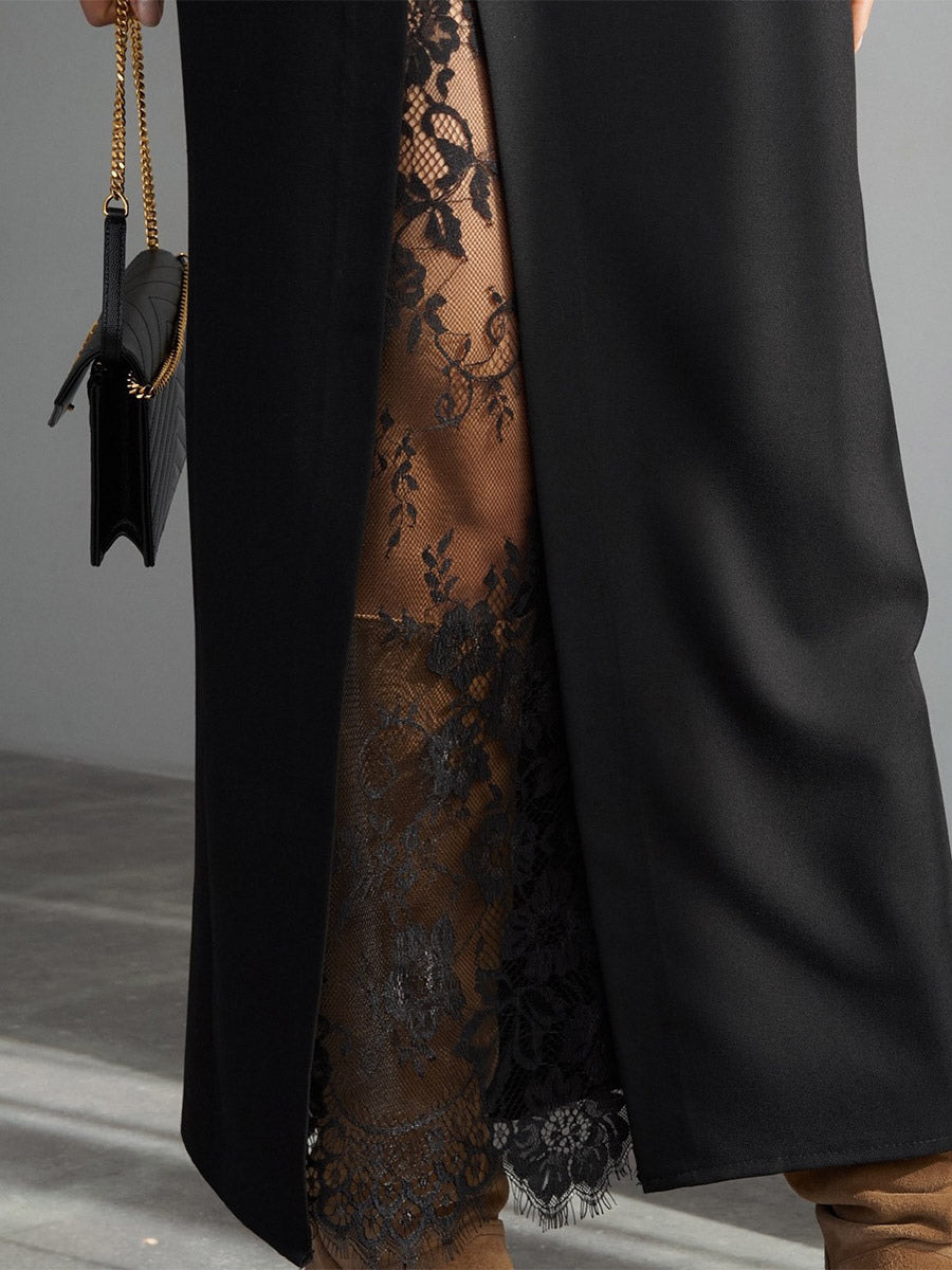 Lace Inner Front Slit High Waist Straight Midi Skirt