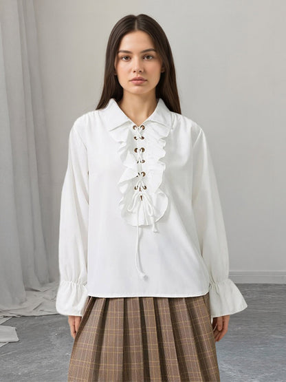 Ruffle Lace-Up Lapel Puff Long Sleeve Blouse