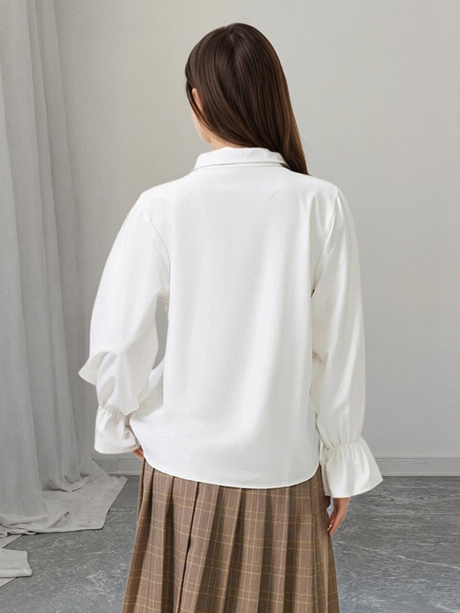 Ruffle Lace-Up Lapel Puff Long Sleeve Blouse
