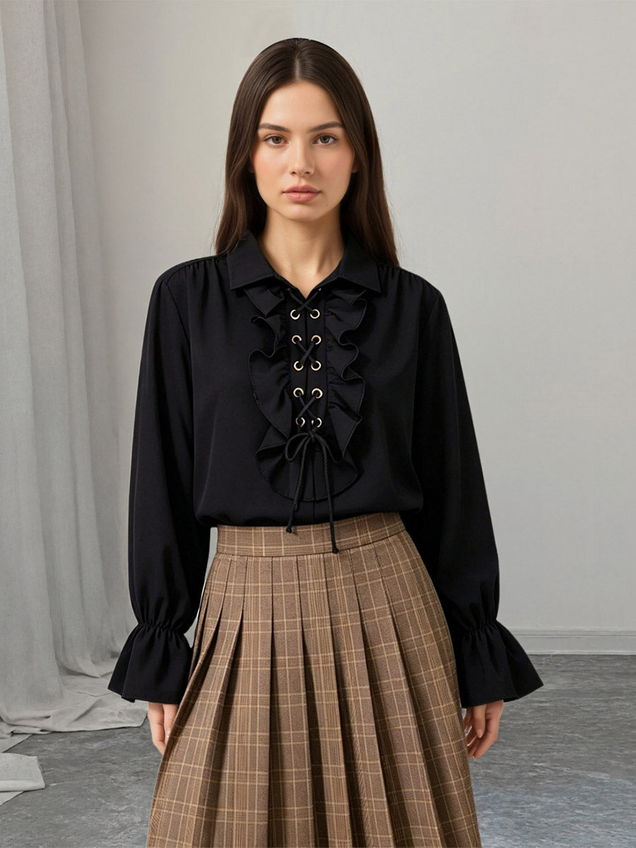 Ruffle Lace-Up Lapel Puff Long Sleeve Blouse