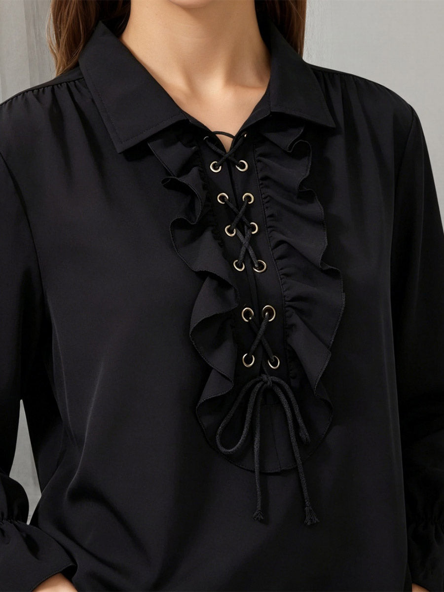 Ruffle Lace-Up Lapel Puff Long Sleeve Blouse
