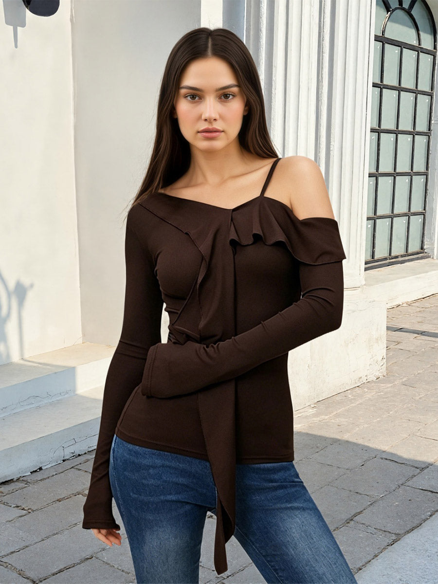 Women Off Shoulder Ruffle Tie Long Sleeve Slim Top Spaghetti Strap Blouse