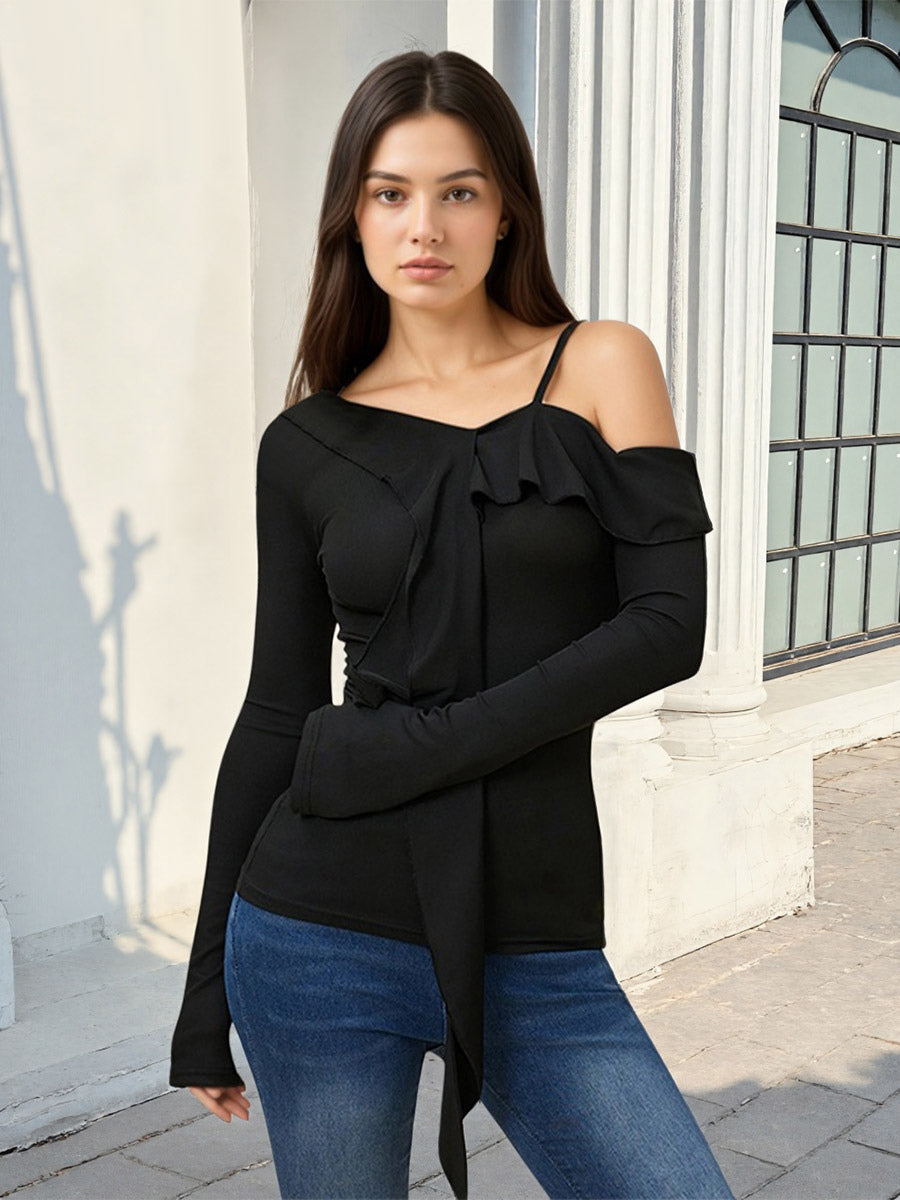 Women Off Shoulder Ruffle Tie Long Sleeve Slim Top Spaghetti Strap Blouse