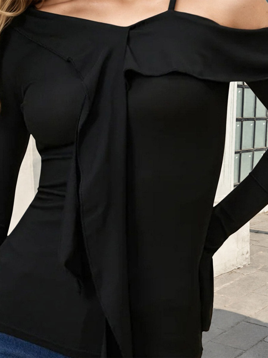 Women Off Shoulder Ruffle Tie Long Sleeve Slim Top Spaghetti Strap Blouse