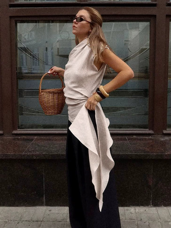 Women Asymmetric One Shoulder Sleeveless Top Side Ruched Draped Sash Blouse