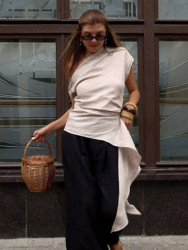 Women Asymmetric One Shoulder Sleeveless Top Side Ruched Draped Sash Blouse
