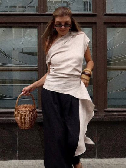 Women Asymmetric One Shoulder Sleeveless Top Side Ruched Draped Sash Blouse