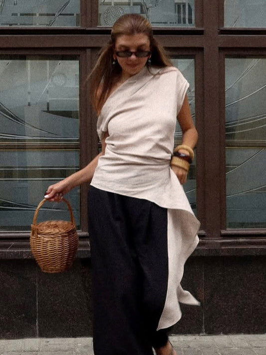 Women Asymmetric One Shoulder Sleeveless Top Side Ruched Draped Sash Blouse