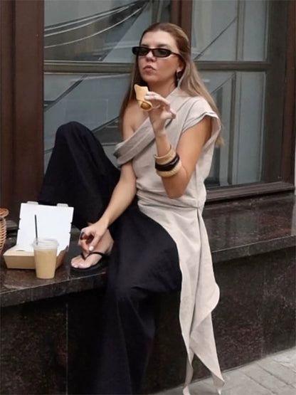 Women Asymmetric One Shoulder Sleeveless Top Side Ruched Draped Sash Blouse