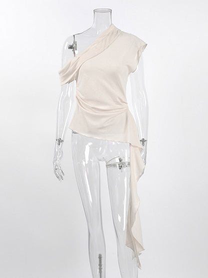 Women Asymmetric One Shoulder Sleeveless Top Side Ruched Draped Sash Blouse