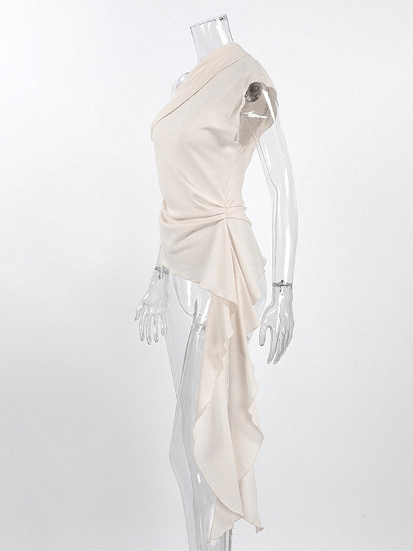 Women Asymmetric One Shoulder Sleeveless Top Side Ruched Draped Sash Blouse