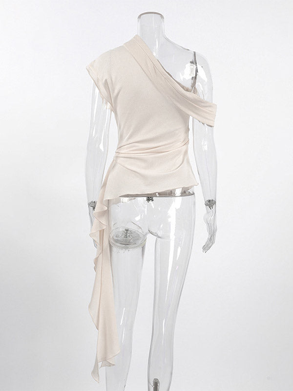 Women Asymmetric One Shoulder Sleeveless Top Side Ruched Draped Sash Blouse
