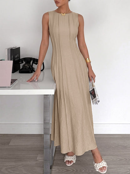 Daily Dresses Camel Sleeveless Knit Maxi Round Neck Slim Fit A Line Casual Dress
