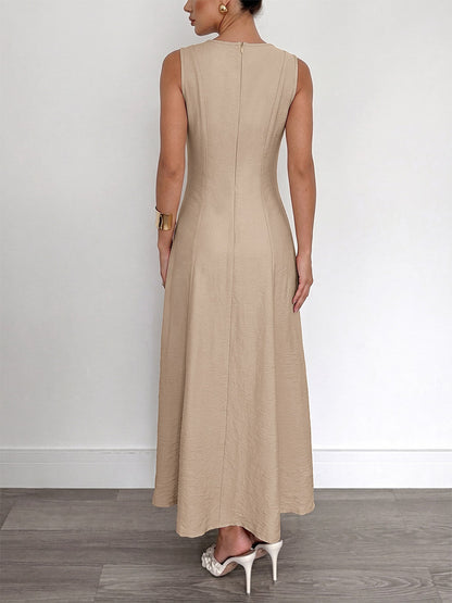 Daily Dresses Camel Sleeveless Knit Maxi Round Neck Slim Fit A Line Casual Dress
