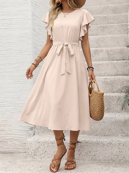 Vacation Dress Crew Neck Flutter Sleeve Flowy Summer Casual Midi Sundress