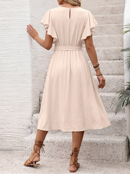 Vacation Dress Crew Neck Flutter Sleeve Flowy Summer Casual Midi Sundress