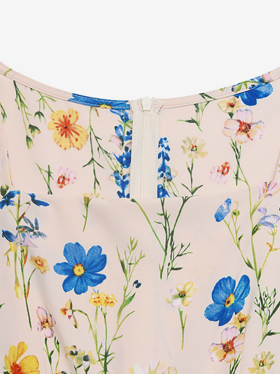 Vacation Sundress Maxi Square Neck Short Sleeves Floral Print Flowy Dress
