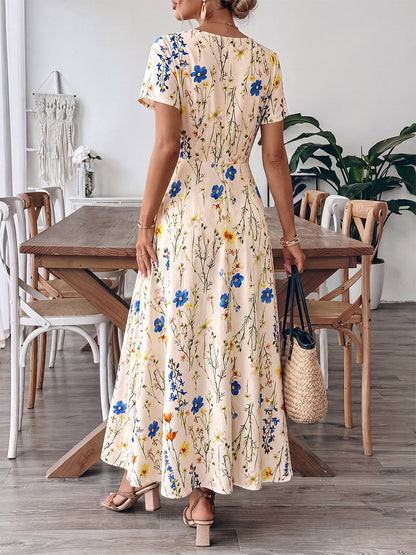 Vacation Sundress Maxi Square Neck Short Sleeves Floral Print Flowy Dress