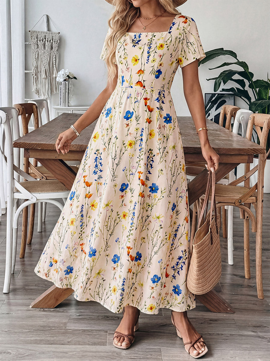 Vacation Sundress Maxi Square Neck Short Sleeves Floral Print Flowy Dress