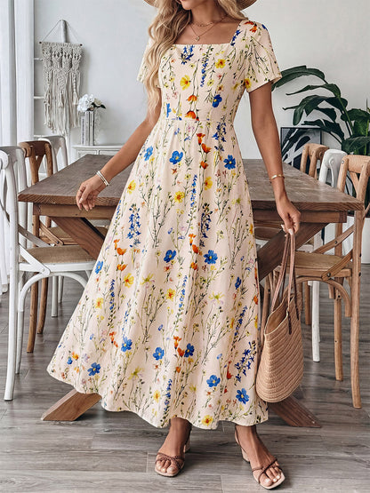 Vacation Sundress Maxi Square Neck Short Sleeves Floral Print Flowy Dress