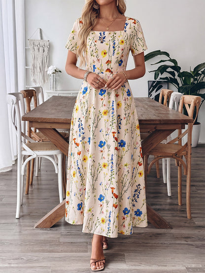 Vacation Sundress Maxi Square Neck Short Sleeves Floral Print Flowy Dress